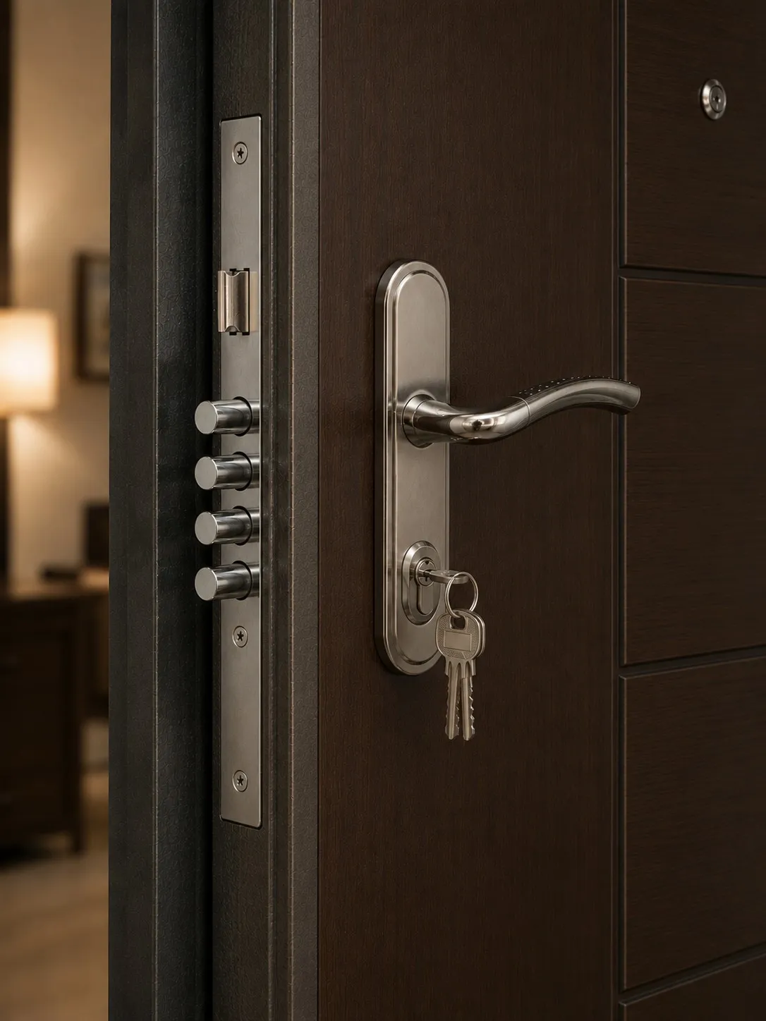 Cerradura de seguridad multipunto instalada en una puerta, con su llave puesta