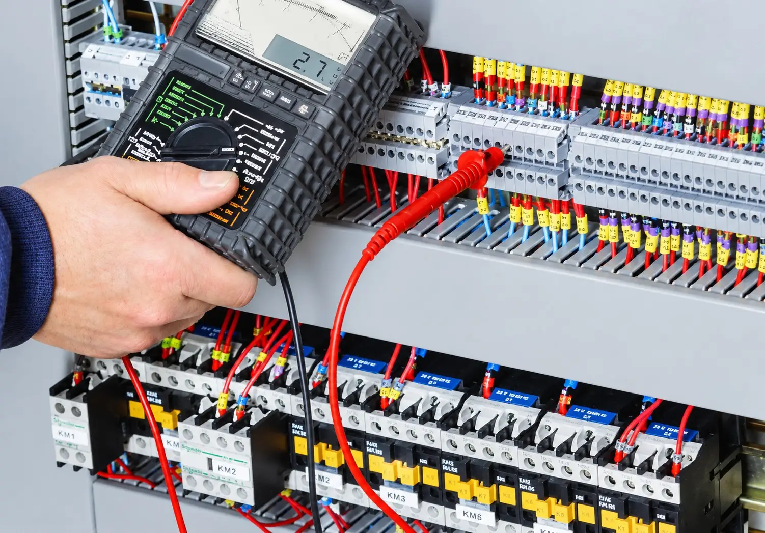 Electricista revisando un cuadro eléctrico con un polímetro