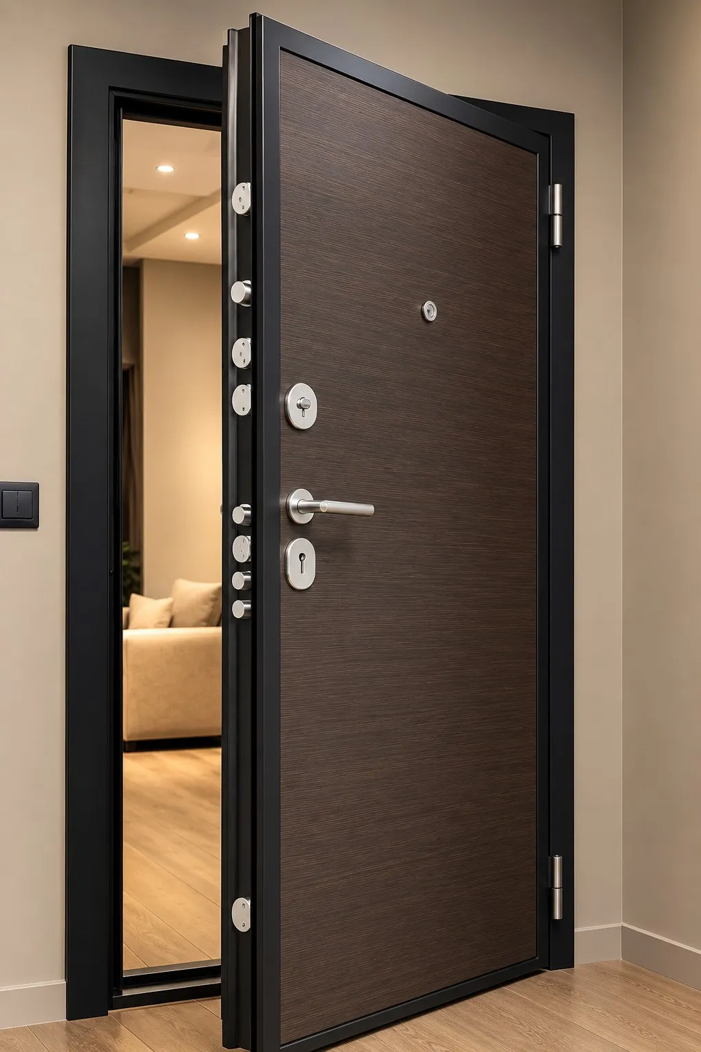 Puerta acorazada instalada, abierta desde el interior de una vivienda