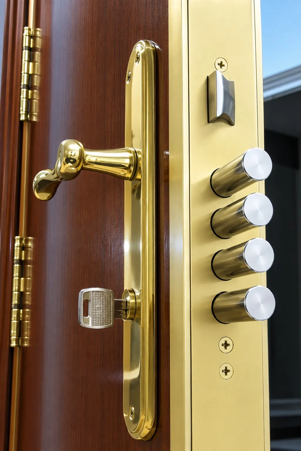 Puerta blindada con cerradura de seguridad multipunto y llave puesta
